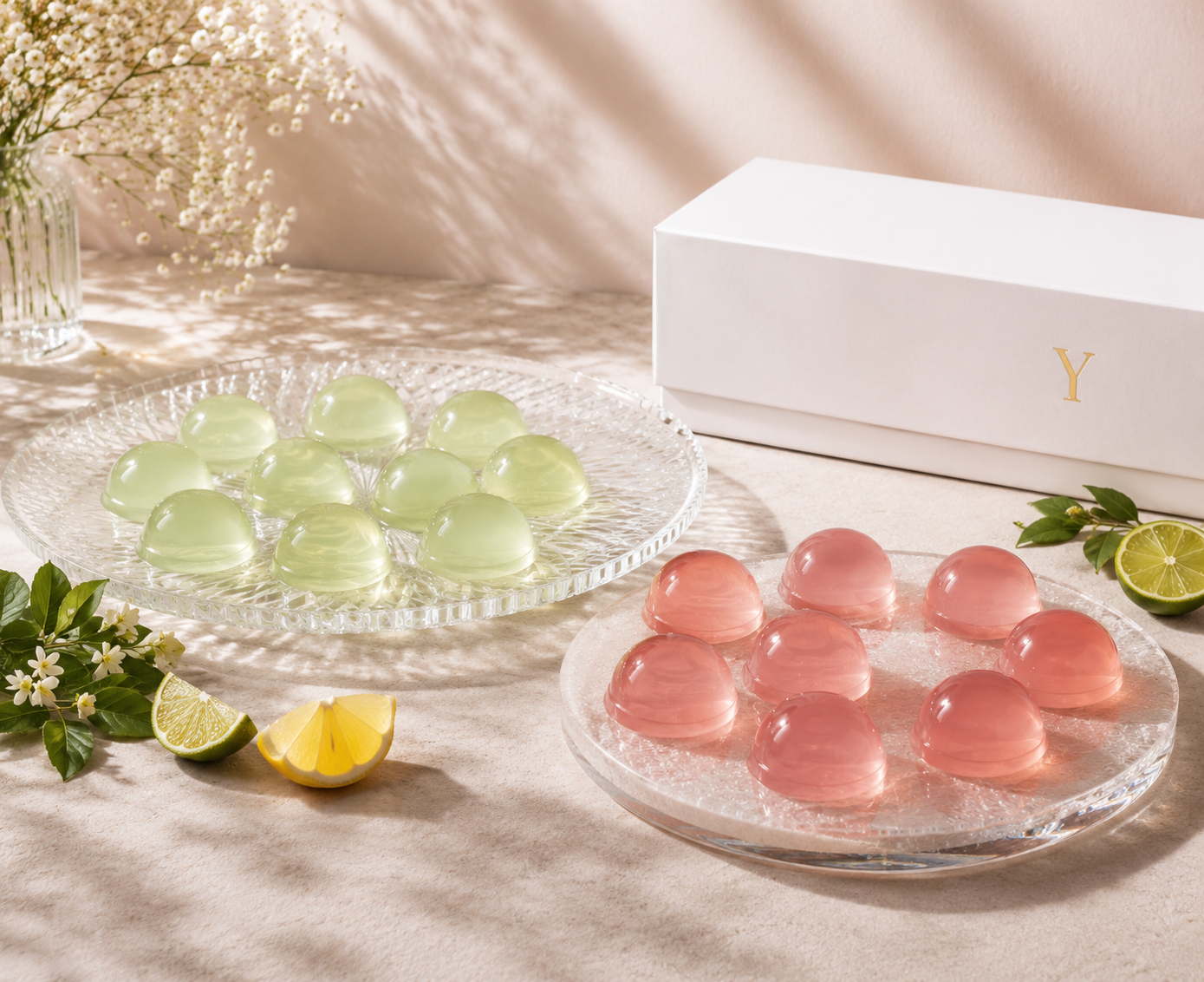 YIXO alcohol-free jelly shots in pink and green displayed on glass serving plates