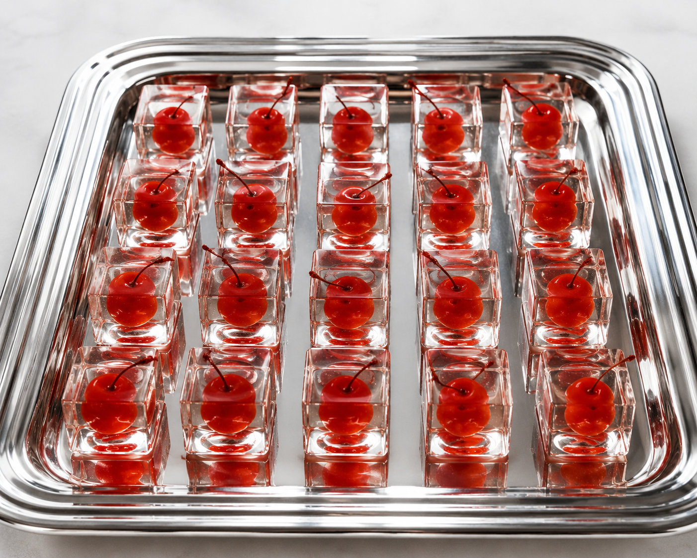 Handcrafted crystal-clear cocktail cherry jelly shots with whole cocktail cherries by YIXO.