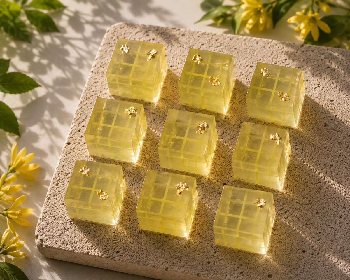 Handcrafted Ylang Ylang Botanical Jellies featuring flowing edible artwork and edible gold