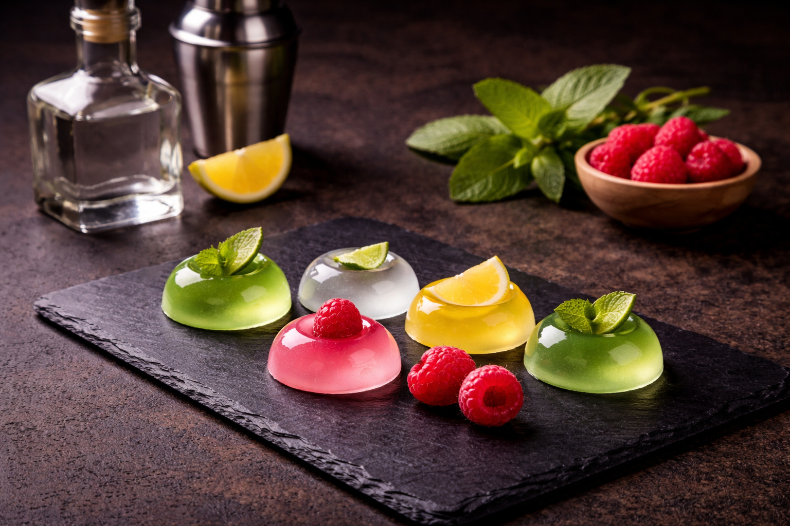 Gelatine-based jelly shots with citrus, raspberry and mint on black slate, by YIXO