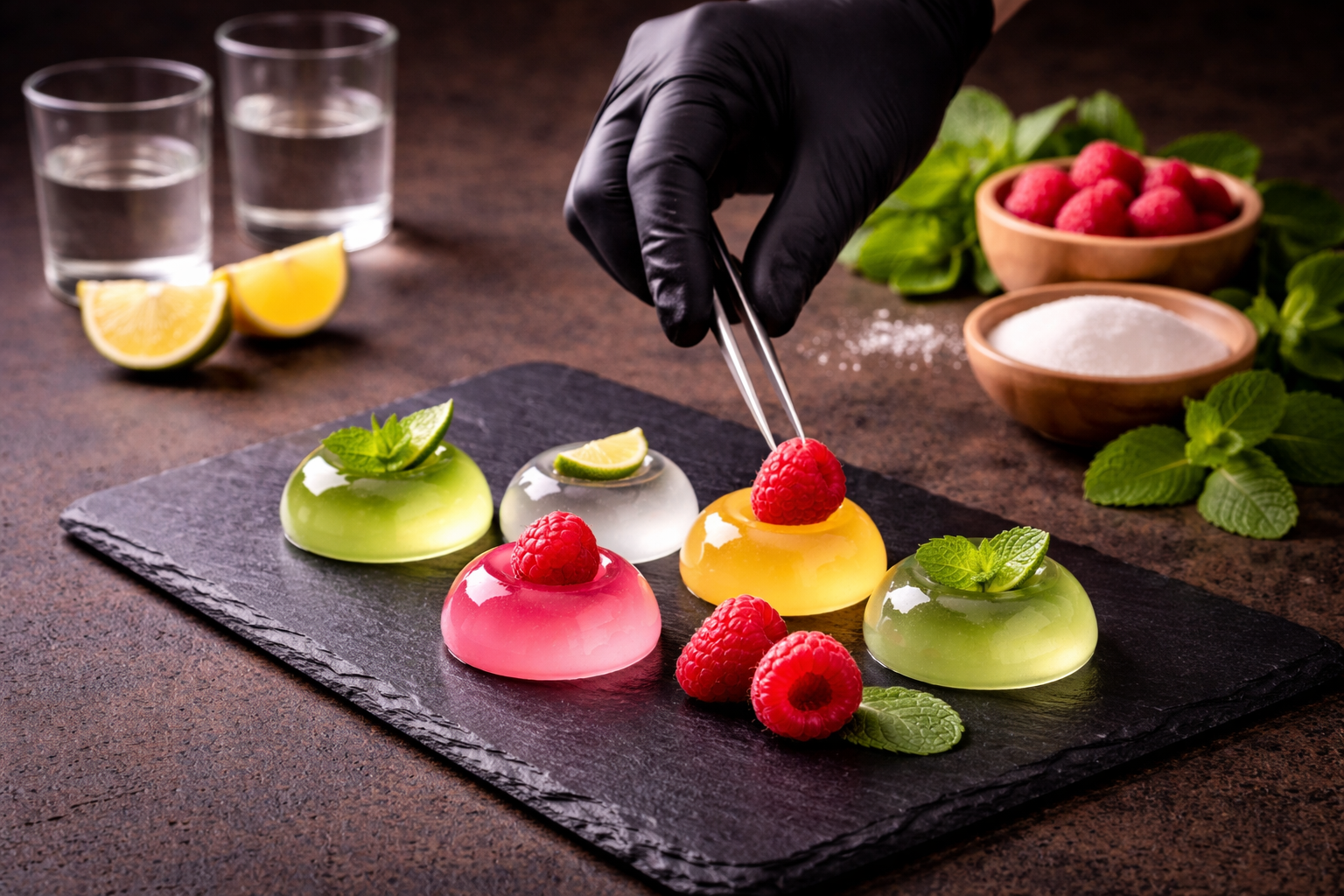 Hand placing raspberry on YIXO jelly shots, showing careful preparation and premium finish