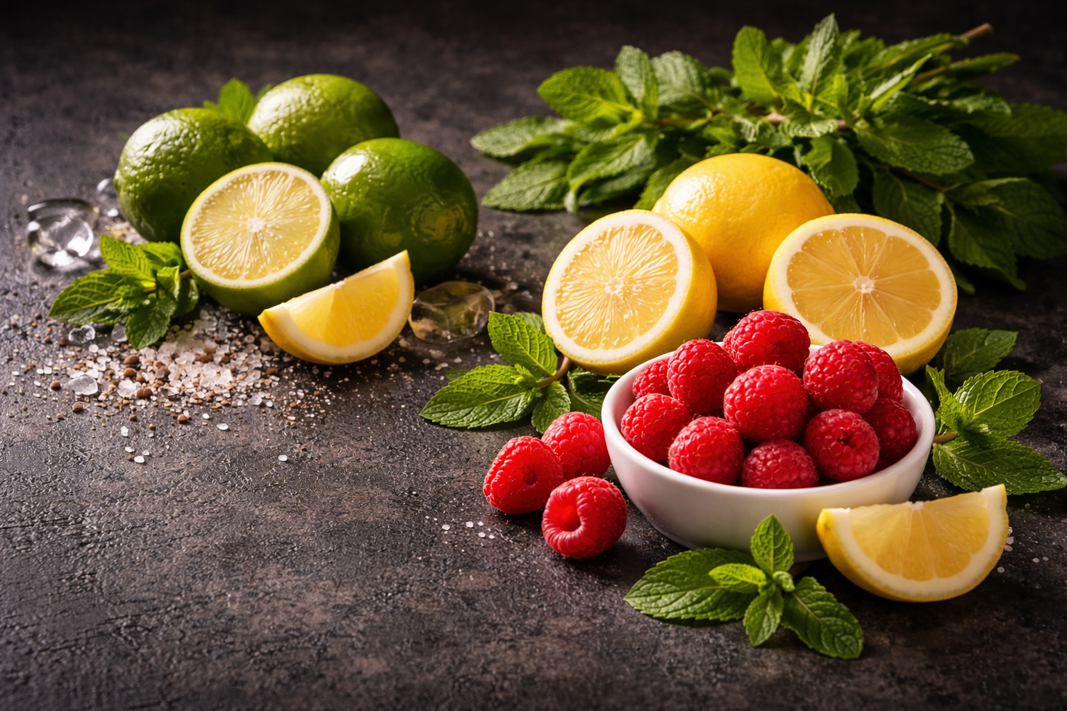 Fresh lemon, lime, raspberry and mint ingredients used in YIXO premium jelly shots