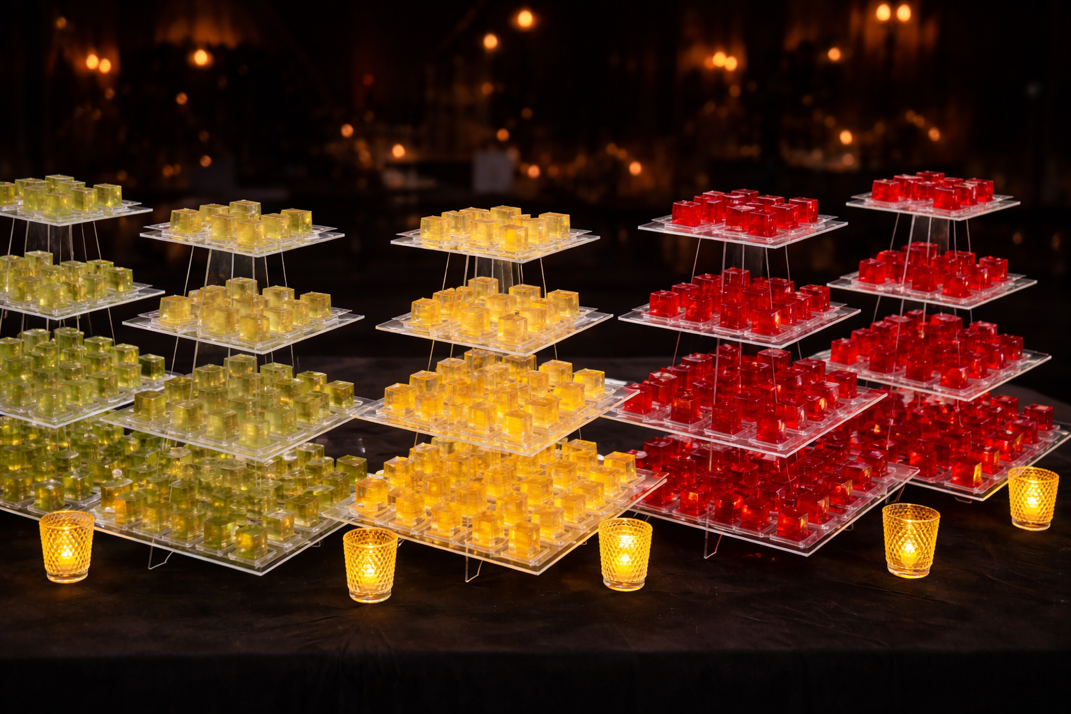Premium jelly shots displayed on stands at an event, by YIXO