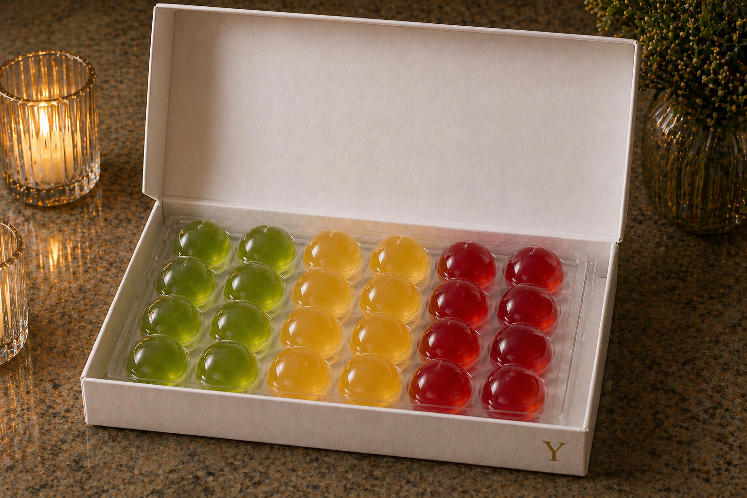 Open YIXO party box with 24 half-sphere jelly shots arranged in a 6 by 4 grid of green, yellow and red on a marble surface with warm candlelight.