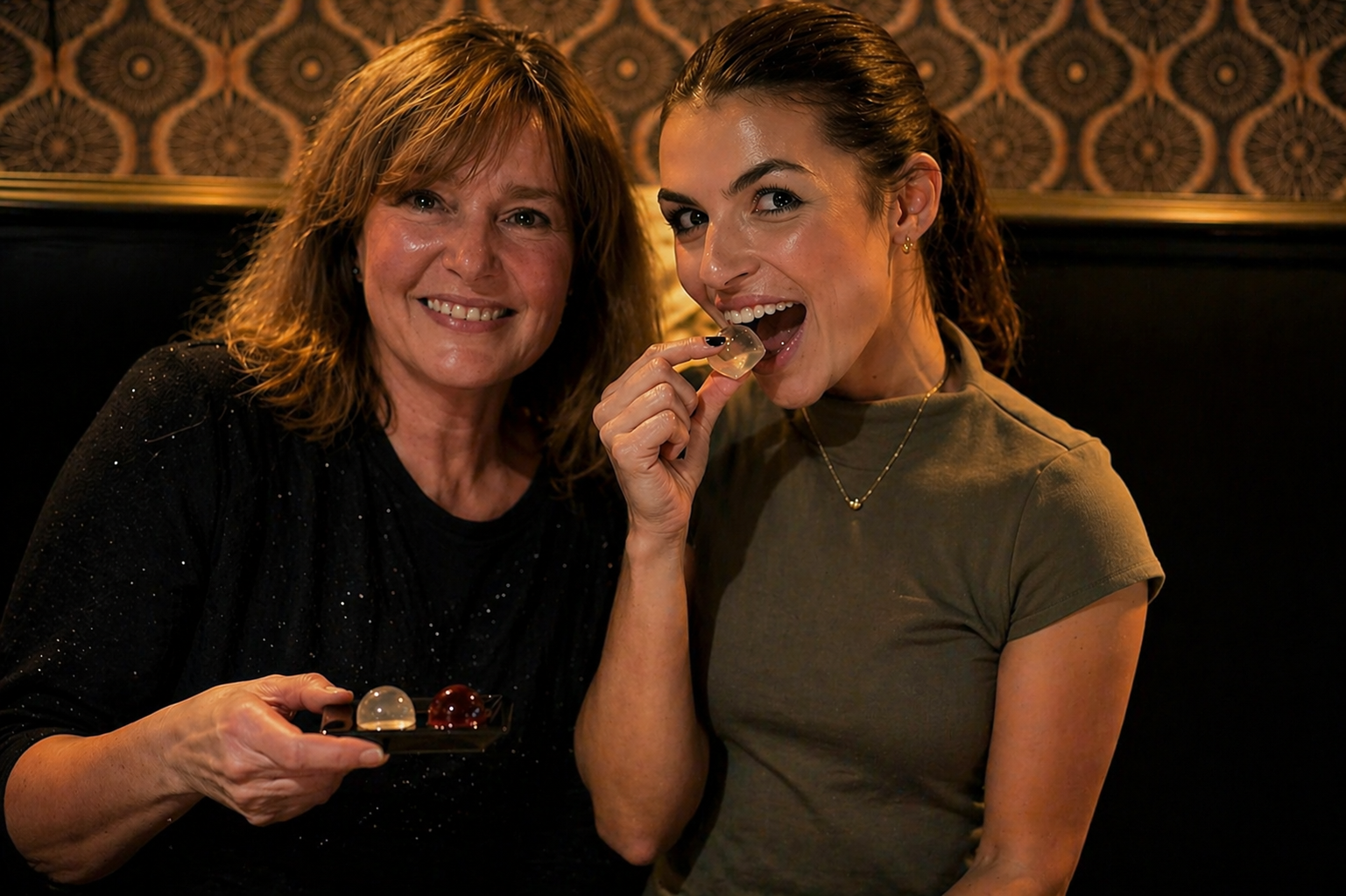 Two women smiling together in a warm elegant setting while enjoying YIXO jelly shots, one holding a tray and the other lifting a jelly to her lips.