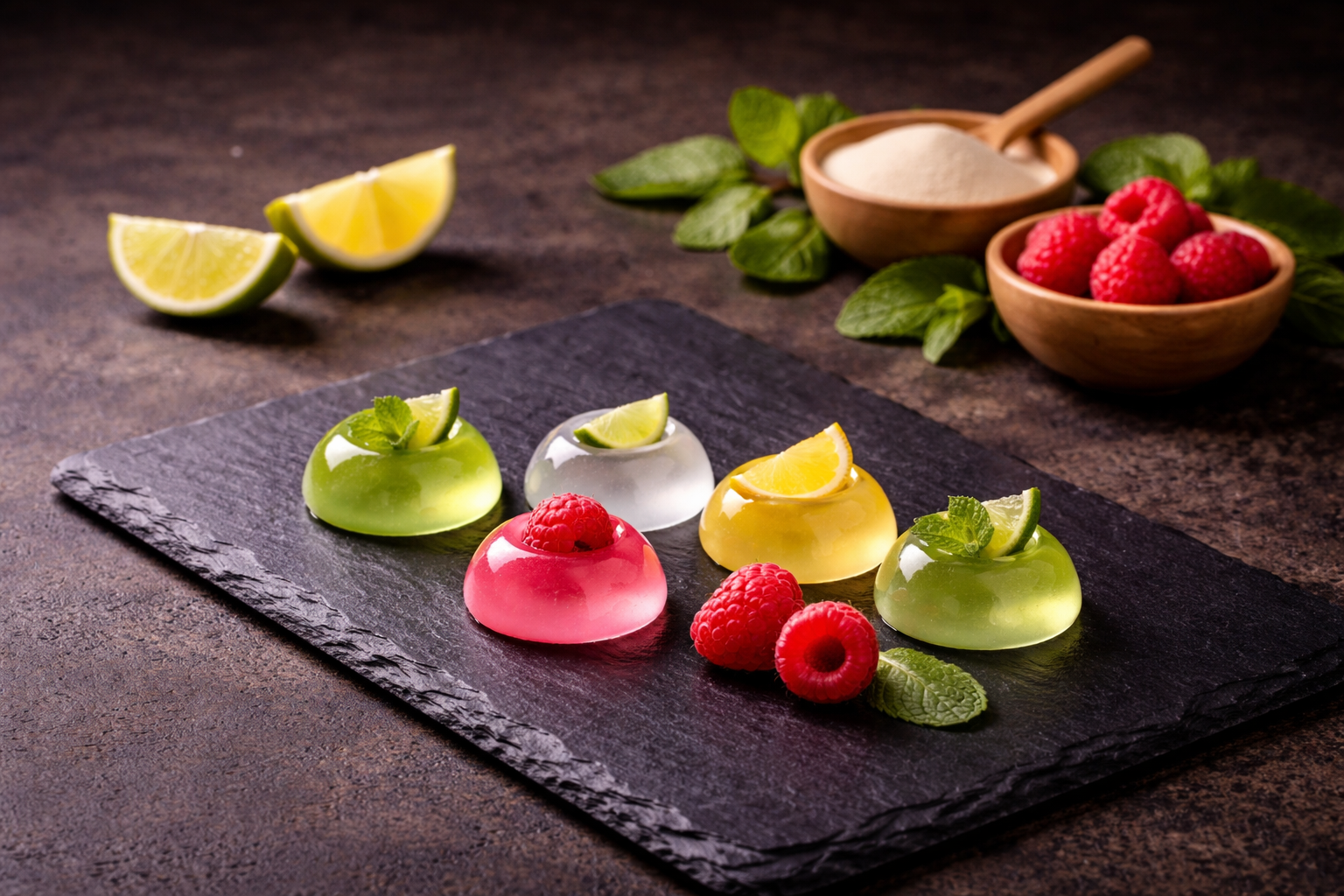 Vegan jelly shots with citrus, raspberry and mint ingredients on black slate by YIXO