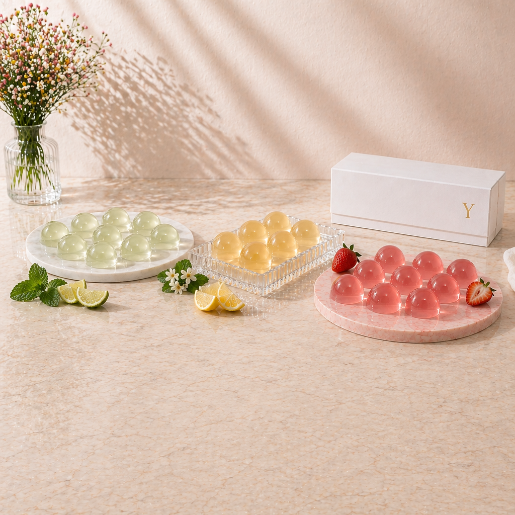 YIXO alcohol-free jelly collections displayed on serving trays