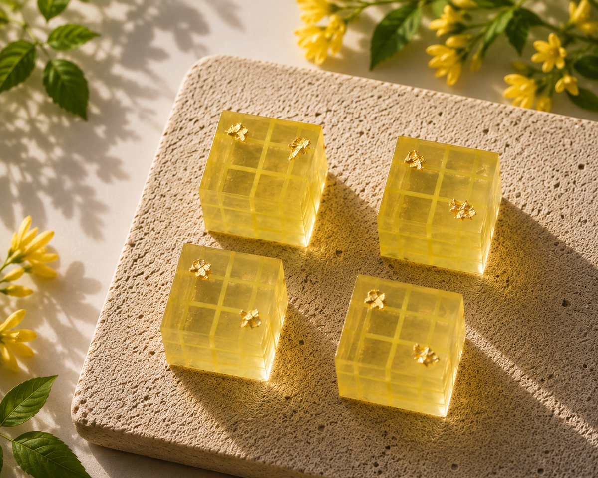Four handcrafted Ylang Ylang Botanical Jellies with unique edible artwork