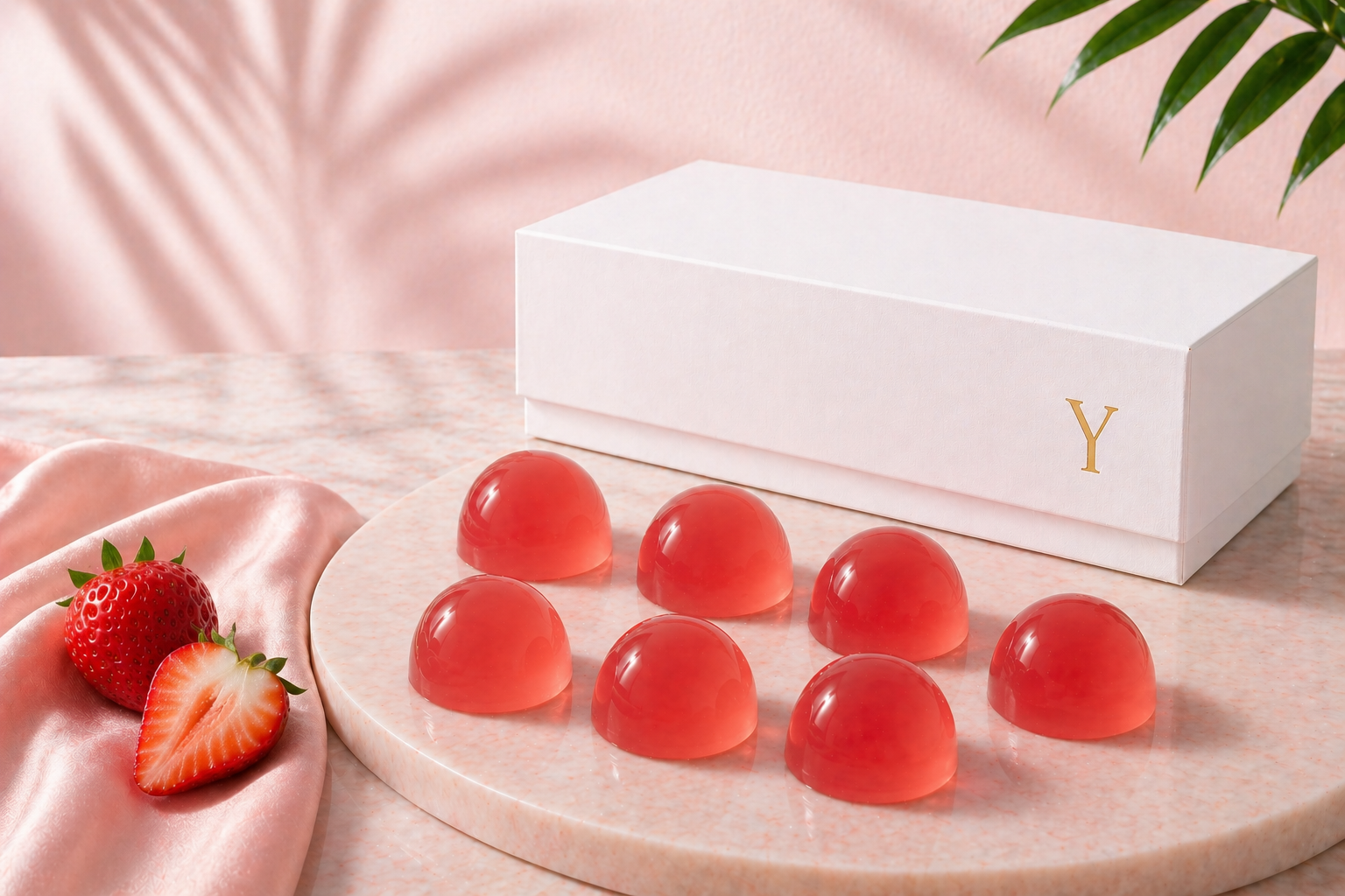 Seven strawberry coloured collagen jellies and white box