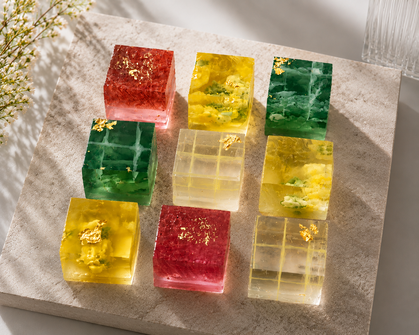 YIXO botanical jellies with delicate edible floral artwork displayed on a clear tray