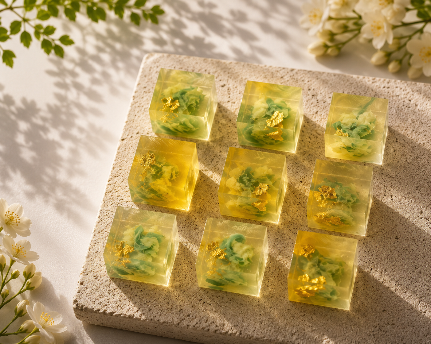 Handcrafted Jasmine Botanical Jellies with delicate edible floral artwork by YIXO