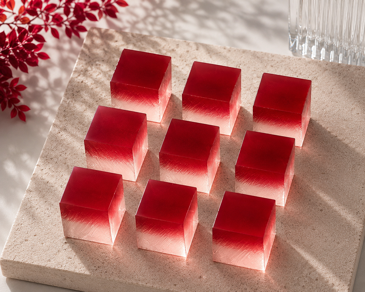 Handcrafted Rose Botanical Jellies by YIXO with elegant rose-red graduated design.