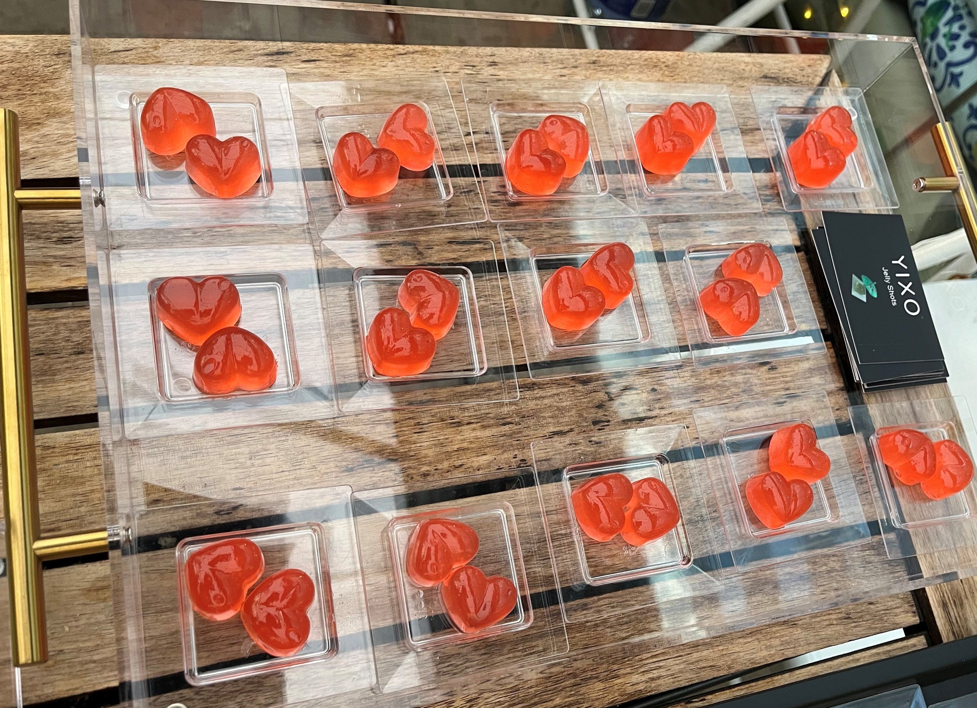 YIXO - a tray of heart shaped vegan watermelon & vodka jellies