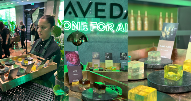 YIXO handcrafted botanical jelly display at Aveda's One for All Leave-In Elixir product launch in London.
