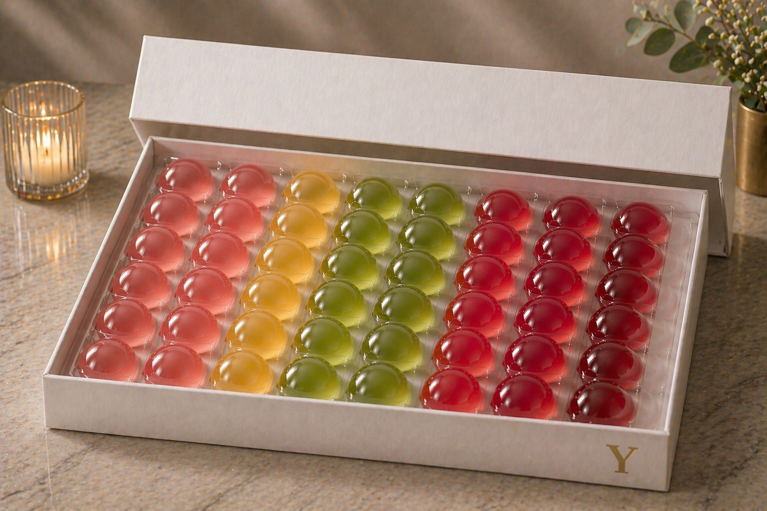 Open YIXO luxury celebration box with 48 half-sphere jelly shots arranged in rows of pink, yellow, green and deep red on a marble surface with soft candlelight.