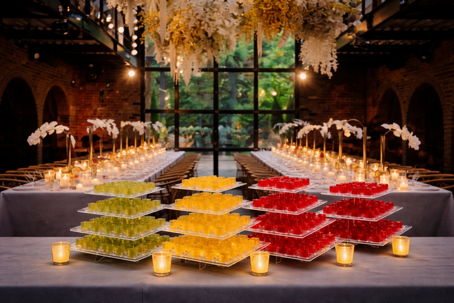 Premium jelly shots displayed on stands at an event, by YIXO 