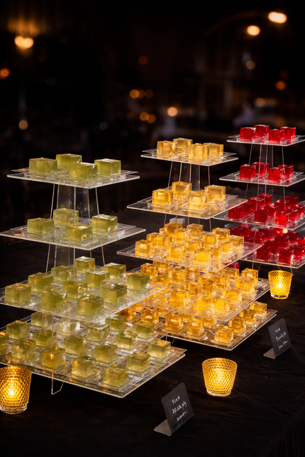 Premium jelly shots displayed on stands at an event, by YIXO 